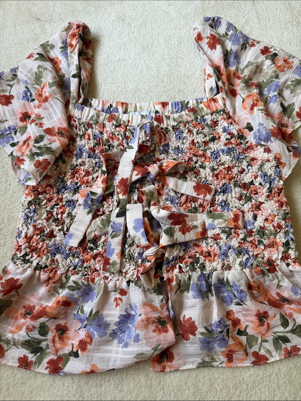 En Saison Floral Smocked Short Sleeve Top - Coral, Lavender, Olive on Cream